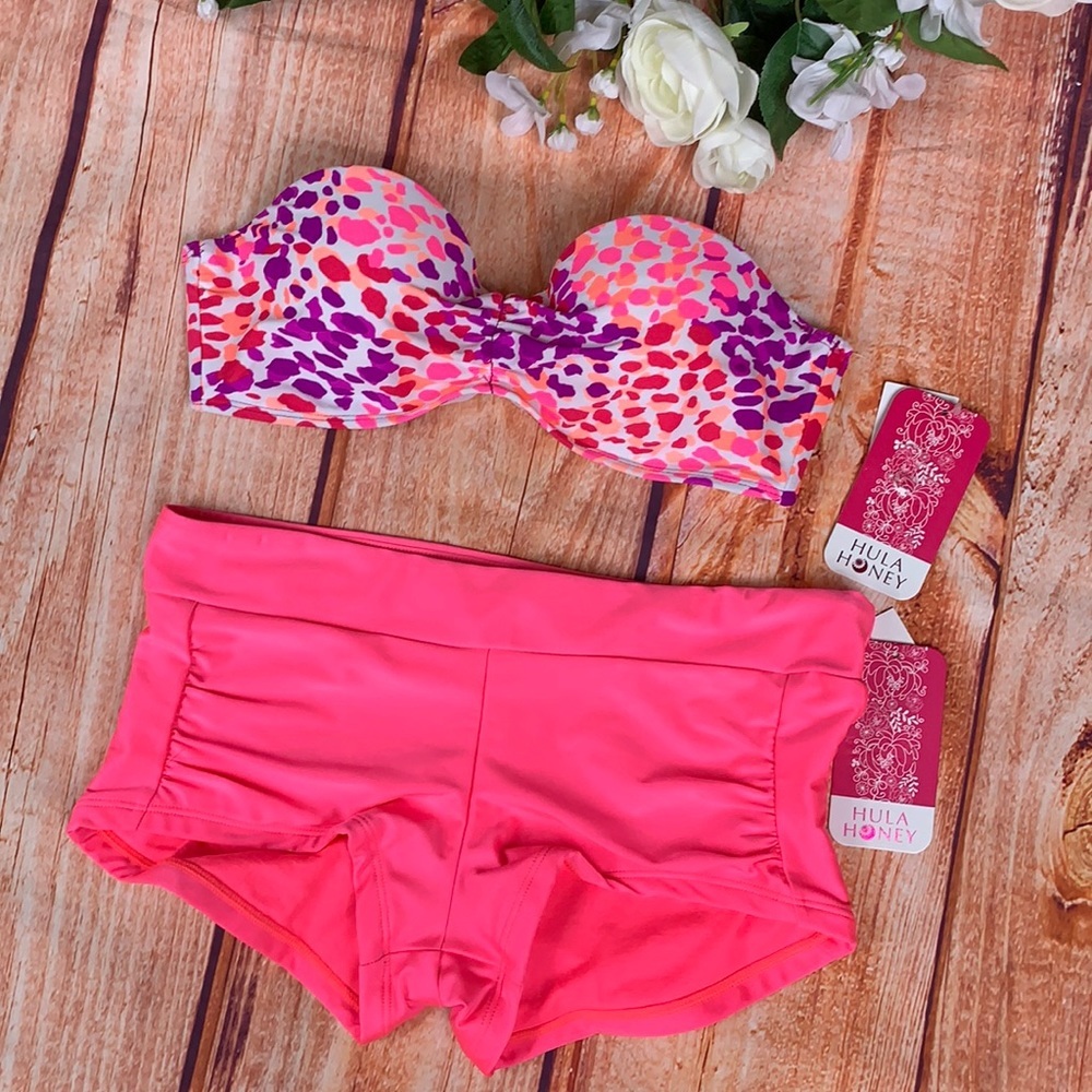 NWT Hula Honey Bandeau Bikini Low rise Boy Shorts Swim Set